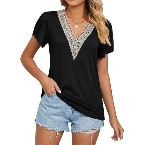 YGJKLIS Tops - YGJKLIS Womens Black V Neck Short Sleeve Top Lace Trimmed Tunic Shirt XL